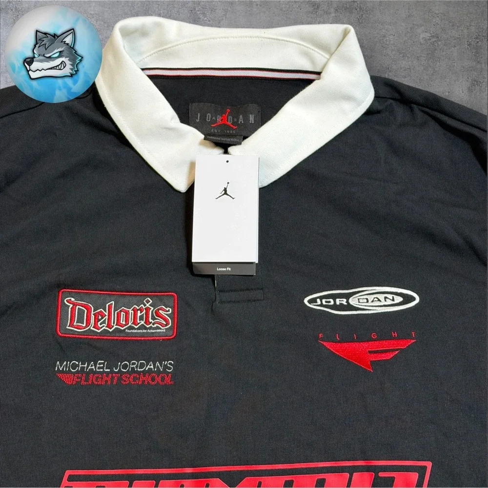 Jordan Flight School Rugby Shirt Mens XL Black Multi-Logo Long Sleeve HF9323-010